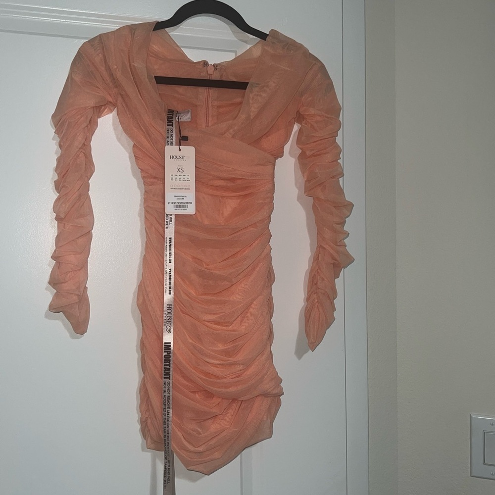 House of CB Peach Ruched Mesh Long Sleeve Mini Dress - XS